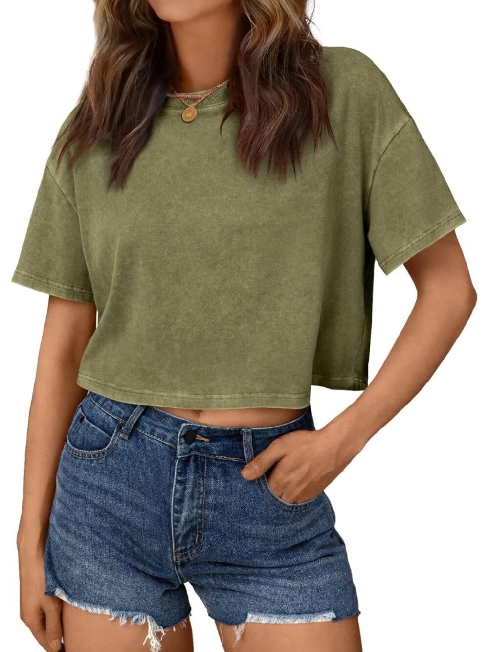 Women's Army Green Short Sleeve ACID Wash Casual Summer Baggy Cotton Crop Tops